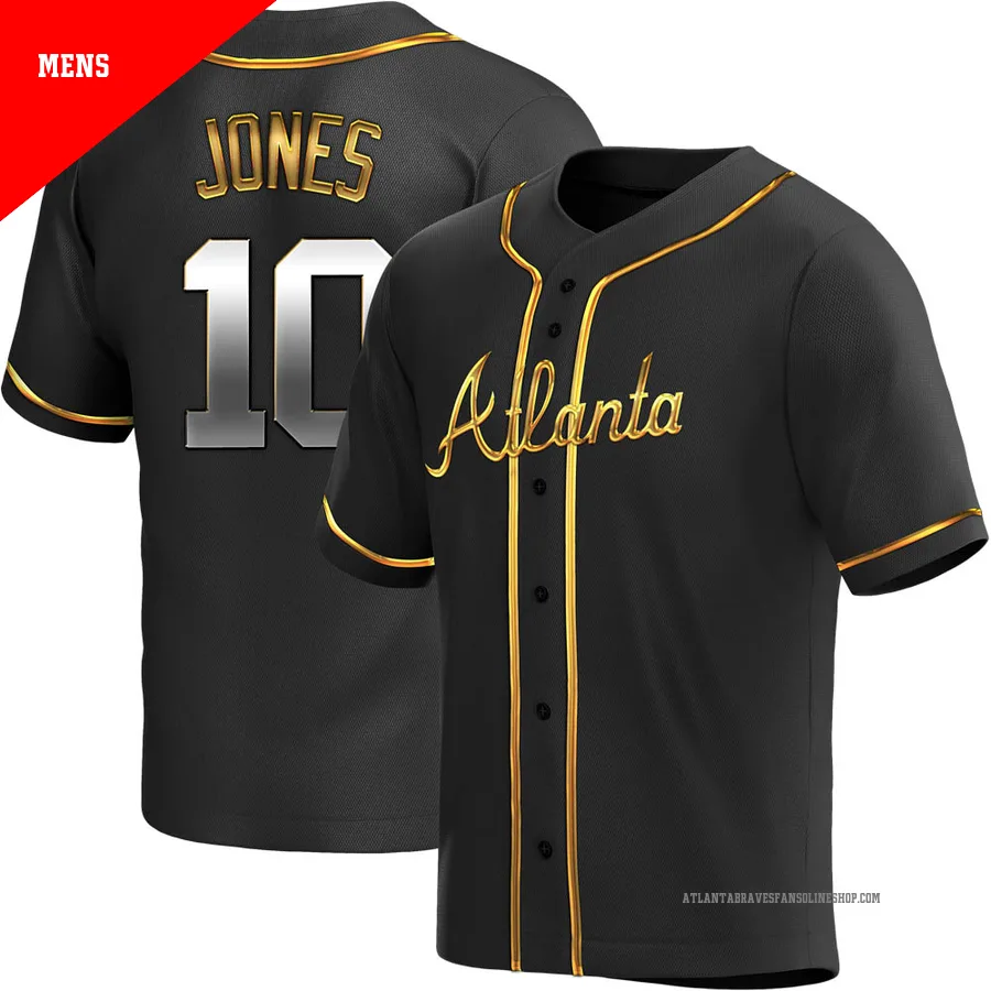 Atlanta Braves ＃10 Chipper Jones Men's Replica Black en Alternate Jersey - Gold