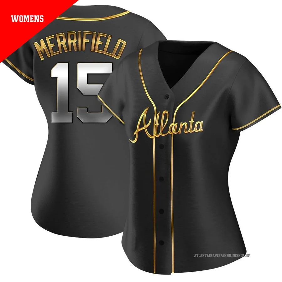 Atlanta Braves ＃15 Whit Merrifield Women's Replica Black en Alternate Jersey - Gold