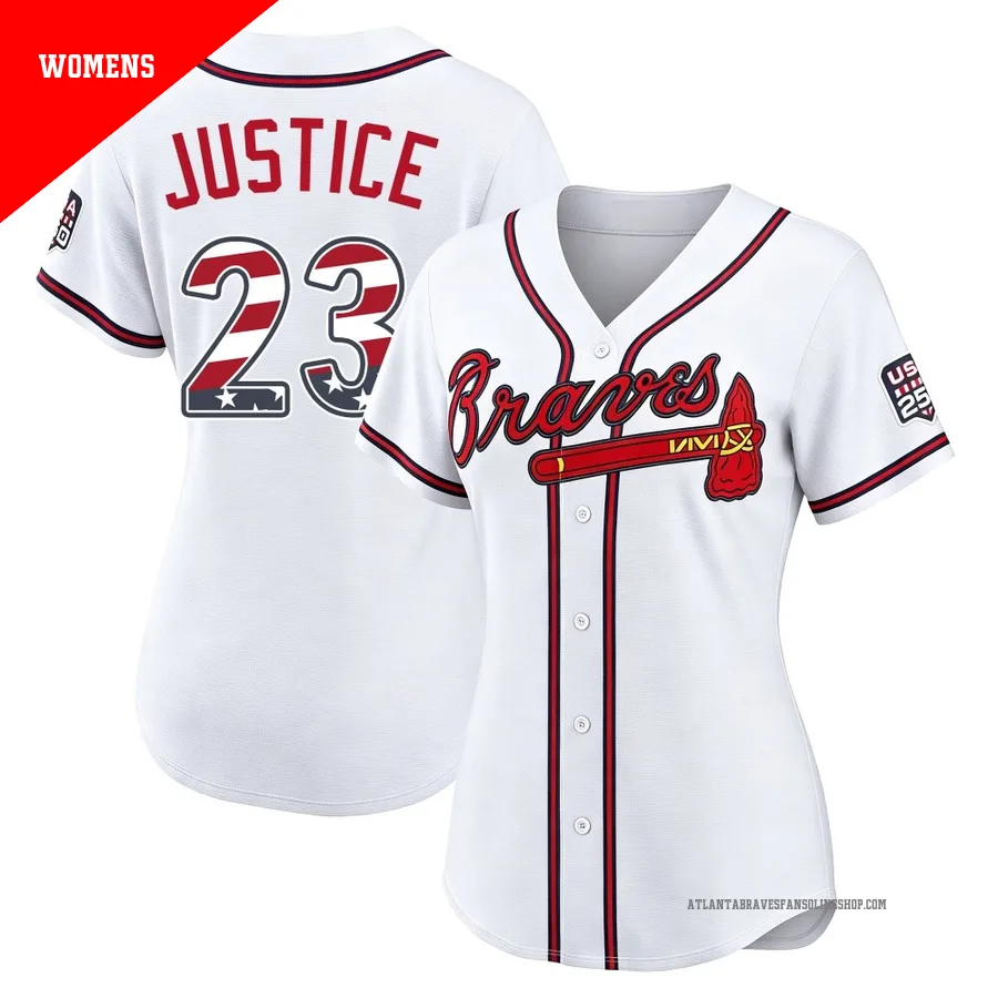 Atlanta Braves ＃23 David Justice Women's Limited USA 250 Fourth Of July Home Stadium Jersey - White