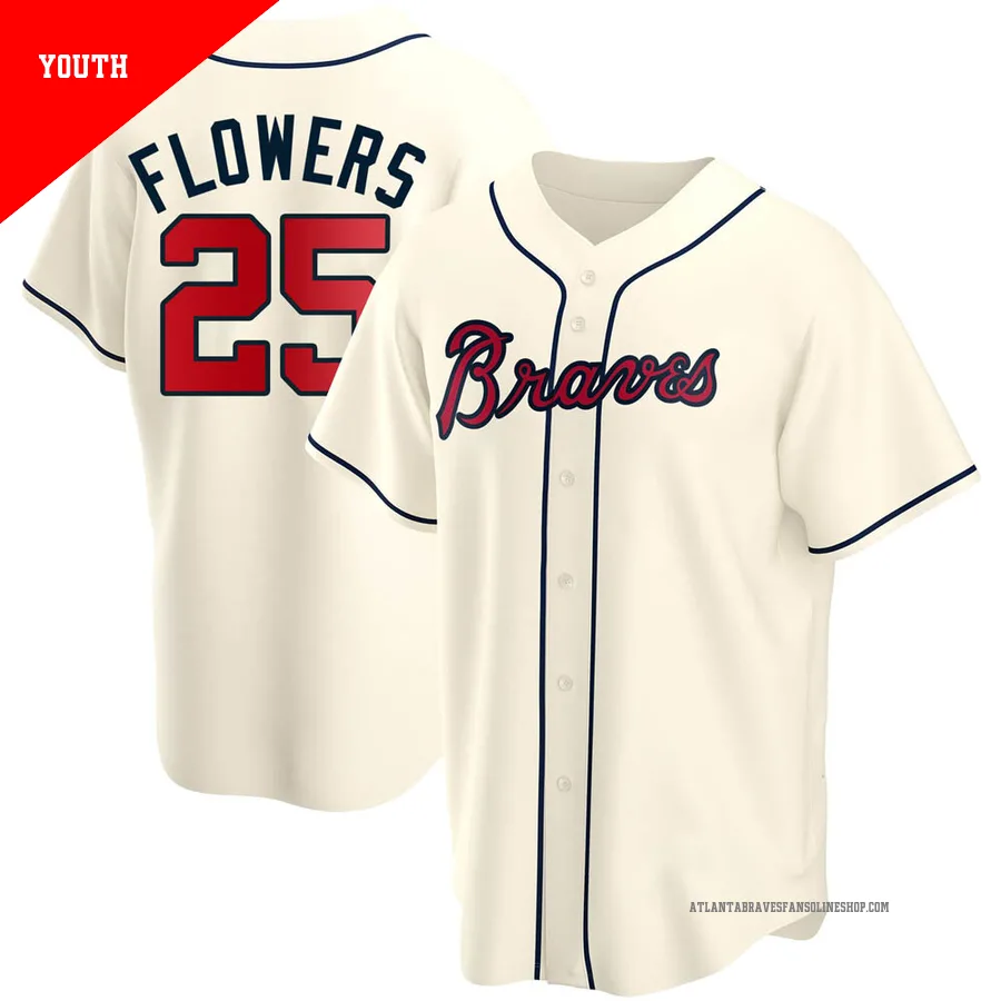 Atlanta Braves ＃25 Tyler Flowers Youth Replica Alternate Jersey - Cream