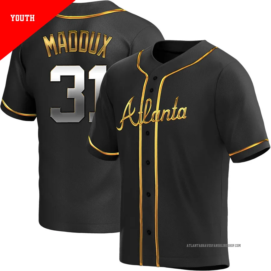 Atlanta Braves ＃31 Greg Maddux Youth Replica Black en Alternate Jersey - Gold