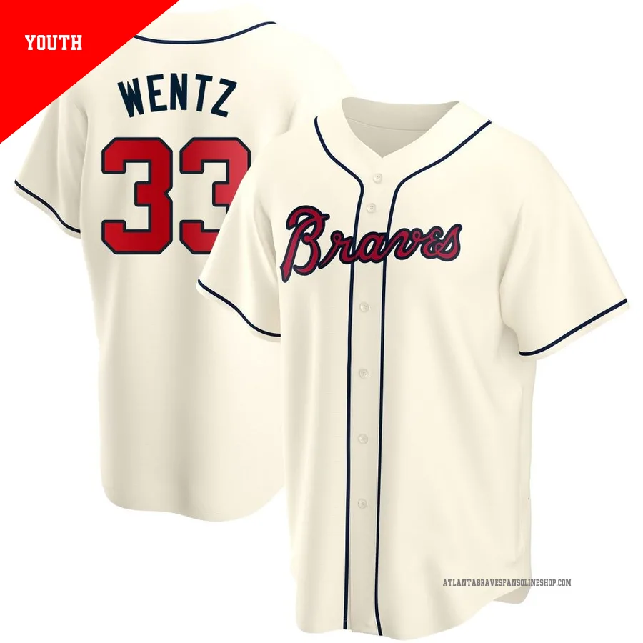 Atlanta Braves ＃33 Joey Wentz Youth Replica Alternate Jersey - Cream