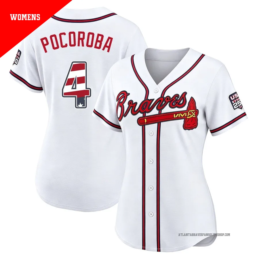 Atlanta Braves ＃4 Biff Pocoroba Women's Limited USA 250 Fourth Of July Home Stadium Jersey - White