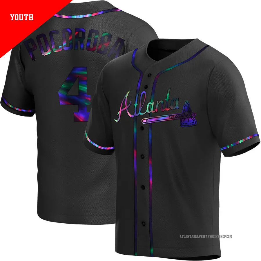 Atlanta Braves ＃4 Biff Pocoroba Youth Replica Holographic Alternate Jersey - Black