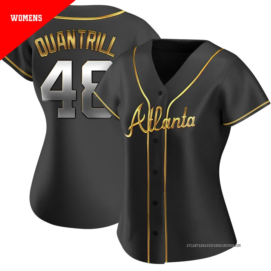Atlanta Braves ＃48 Cal Quantrill Women's Replica Black en Alternate Jersey - Gold