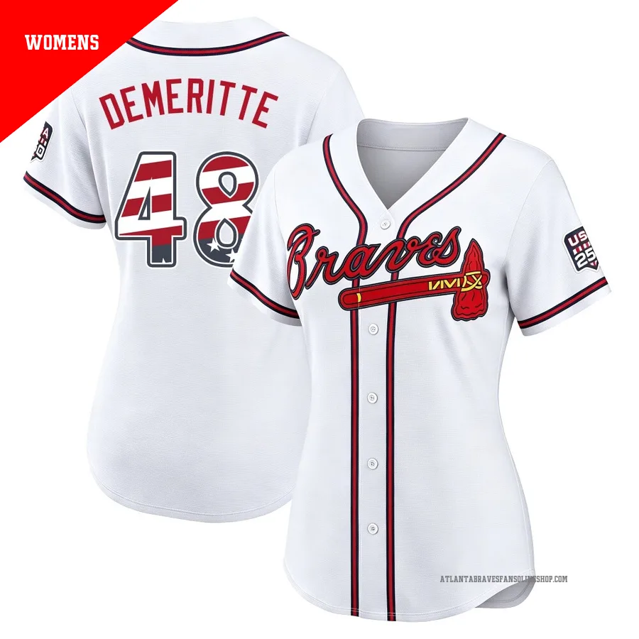 Atlanta Braves ＃48 Travis Demeritte Women's Limited USA 250 Fourth Of July Home Stadium Jersey - White