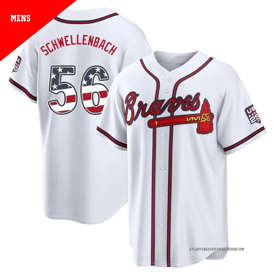 Atlanta Braves ＃56 Spencer Schwellenbach Men's Limited USA 250 Fourth Of July Home Stadium Jersey - White
