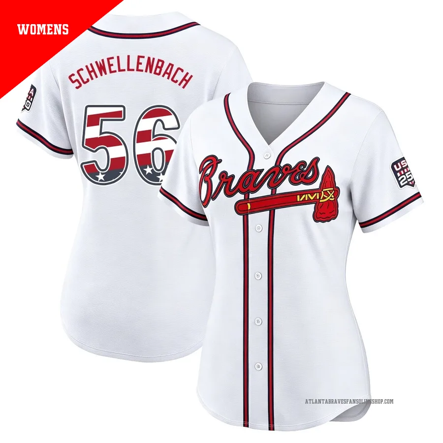 Atlanta Braves ＃56 Spencer Schwellenbach Women's Limited USA 250 Fourth Of July Home Stadium Jersey - White