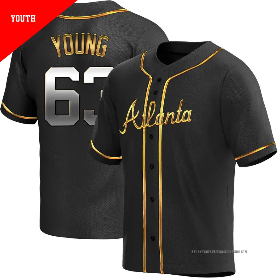 Atlanta Braves ＃63 Danny Young Youth Replica Black en Alternate Jersey - Gold