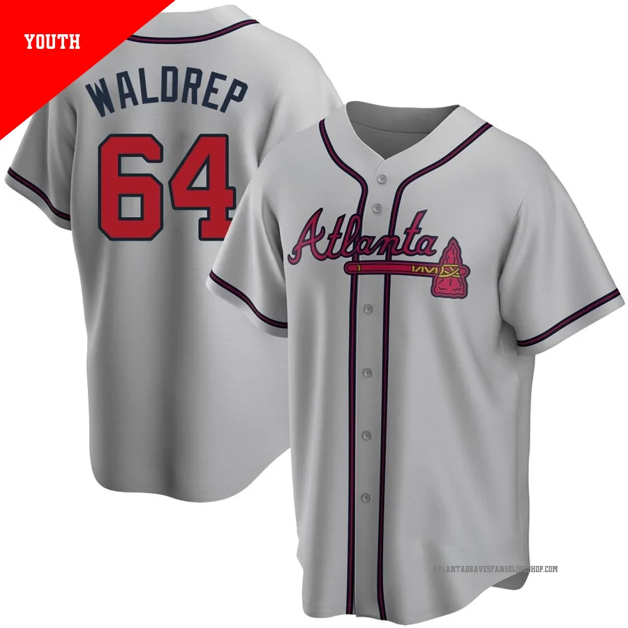 Atlanta Braves ＃64 Hurston Waldrep Youth Replica Road Jersey - Gray