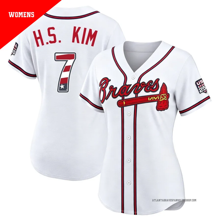 Atlanta Braves ＃7 Ha-Seong Kim Women's Limited USA 250 Fourth Of July Home Stadium Jersey - White