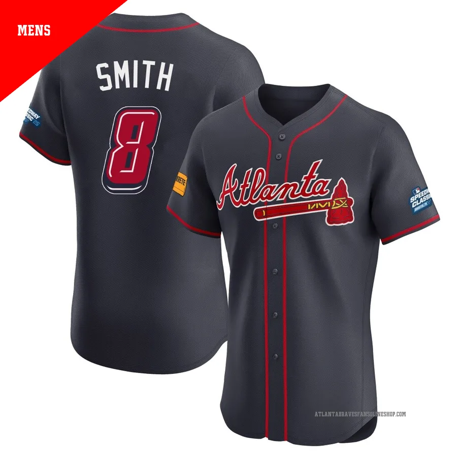Atlanta Braves ＃8 Dominic Smith Men's Elite 2025 Speedway Classic Alternate Jersey - Navy